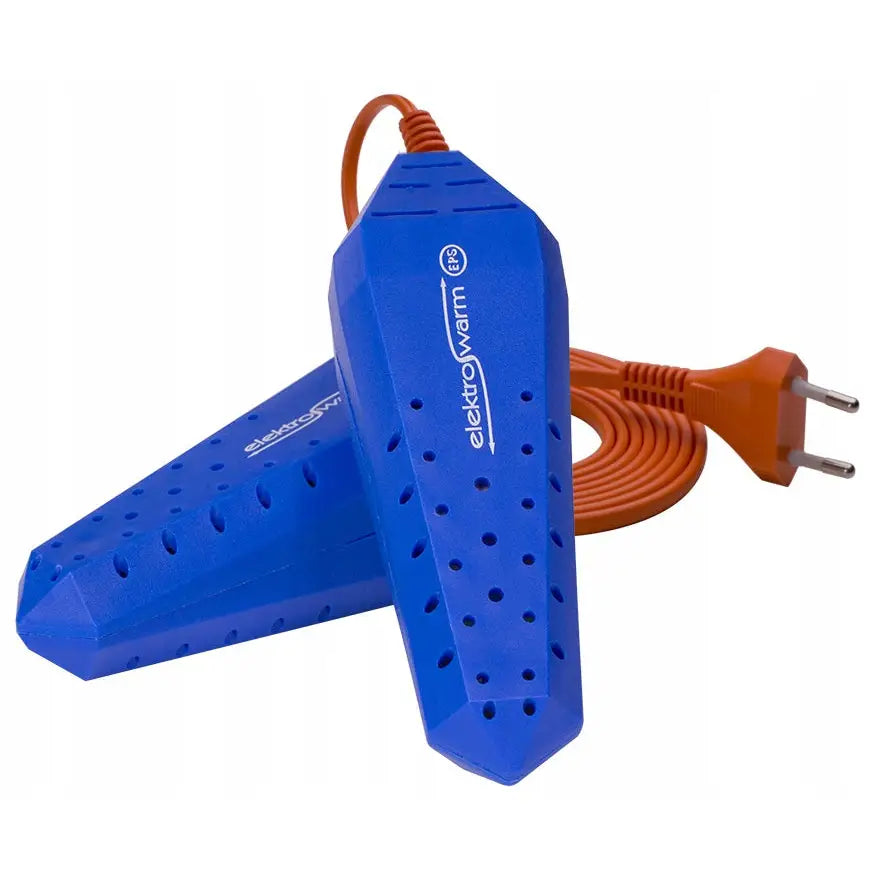 Tørker for sko med varmeblåsing og UV, blå apparater med luftehull og oransje ledning på hvit bakgrunn.