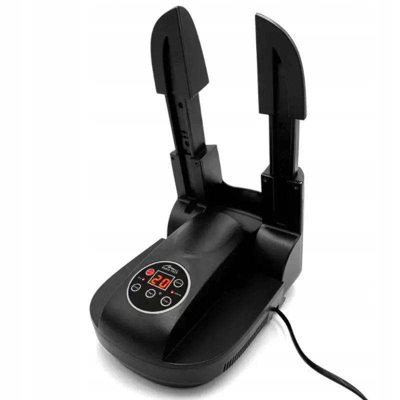 Ozonbasert skotørker i svart plast med digitalt display, to holdere for sko og frontplasserte knapper.