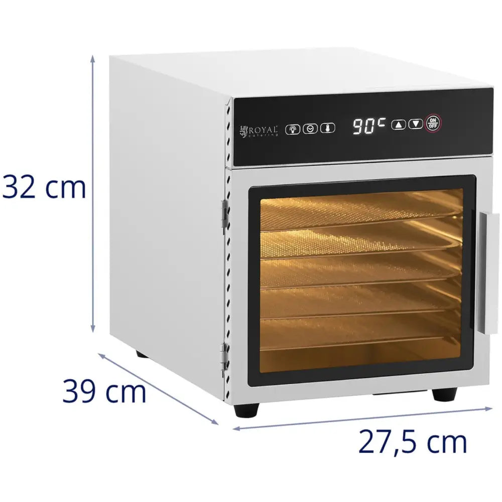 Tørkeskap for sopp, frukt og urter med seks hyller, glassdør og digitalt display, vist fra skrå vinkel med målmarkering.