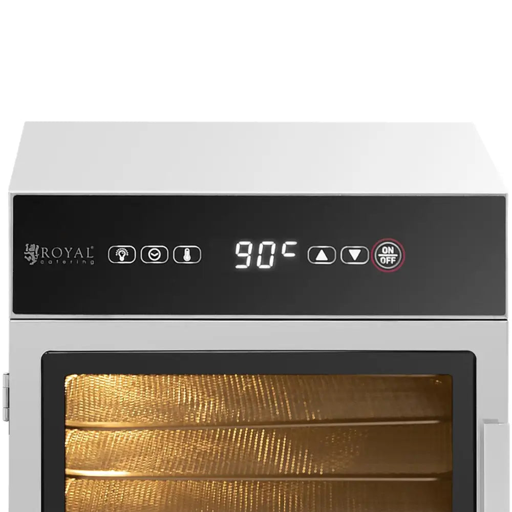 Frontpanel på tørkeskap med digitalt display satt til 90°C, berøringsknapper og opplyst innside bak glassdør.