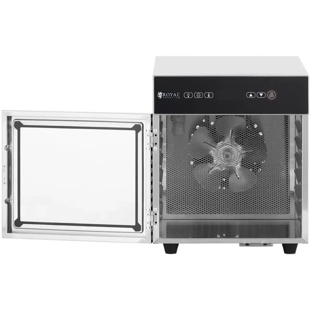 Tørkeskap med seks hyller, åpen dør viser stor vifte, perforert stål og oversiktlig kontrollpanel.