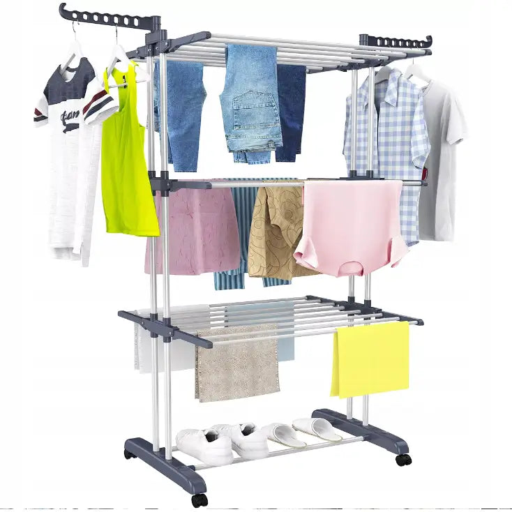Tørkestativ for klær XXL, frontvisning med flere nivåer fylt av klær, håndklær og sko for maksimal kapasitet.