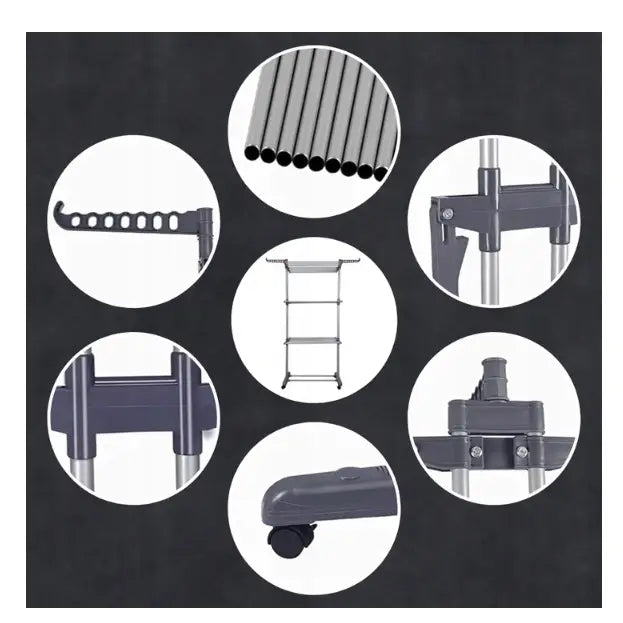 Tørkestativ for klær XXL, nærbilde av grått metallstativ med hjul, krok og robuste plastkoblinger.