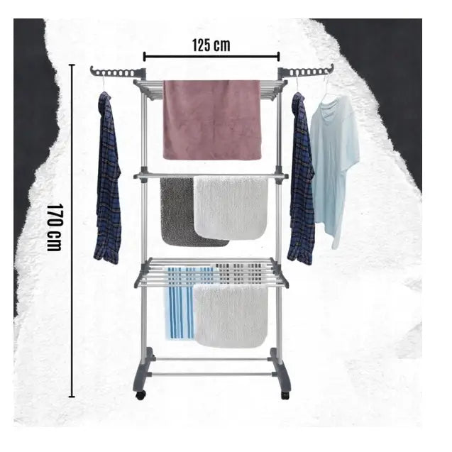 Tørkestativ for klær XXL, sammenleggbart metallstativ vist med klær på flere nivåer og målmarkering.