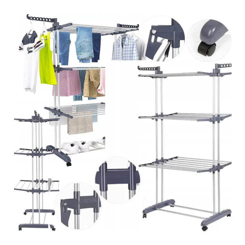 Tørkestativ for klær XXL, nærbilde som fremhever hjul, hengere og de justerbare hyllene i metall og plast.