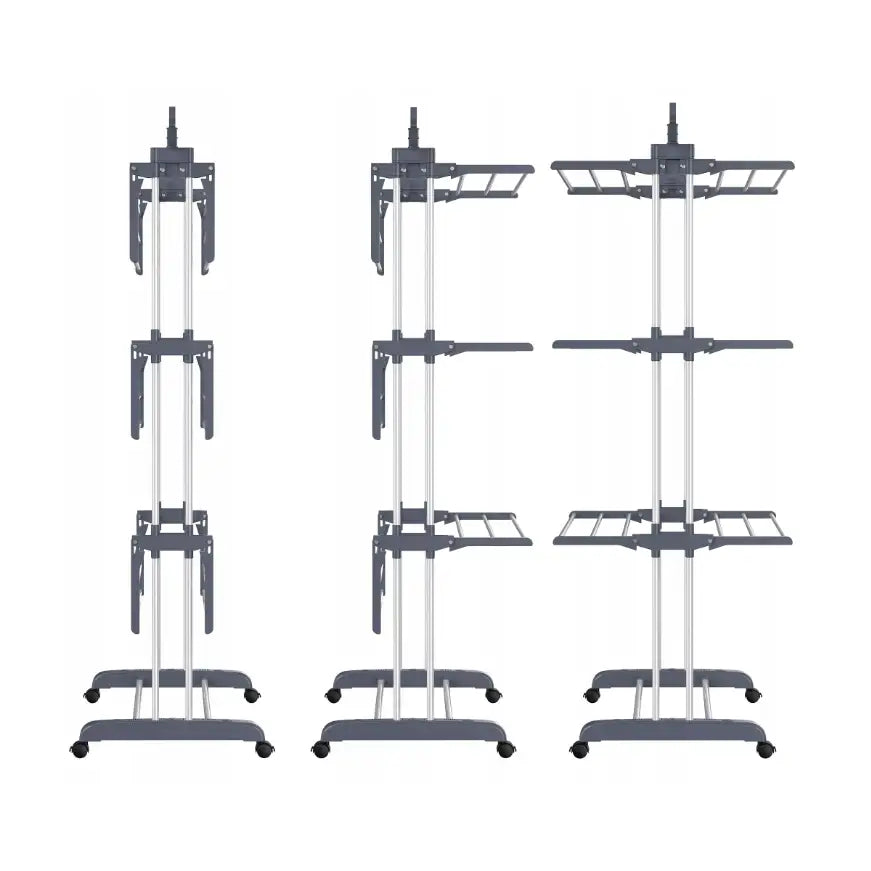 Tørkestativ for klær XXL, tre sølvfargede stativer med sorte hyller og hjul, vist i ulike vinkeljusteringer.