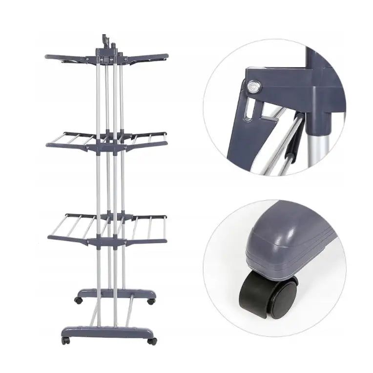 Tørkestativ for klær XXL, nærbilde av hjul og justerbart hengslet ledd sett fra siden.