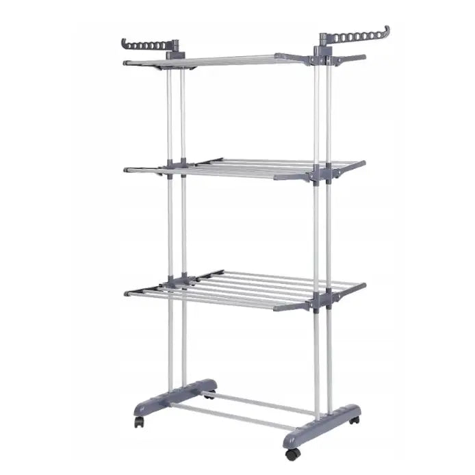 Tørkestativ for klær XXL, skrå vinkel som viser tre nivåer, utsvingbare armer og hjul i grått og sølv.