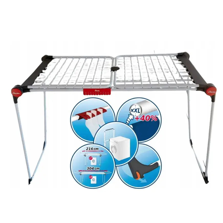 Tørkestativ for klær XXL, frontvisning med røde detaljer og illustrasjoner som fremhever funksjoner og mål.