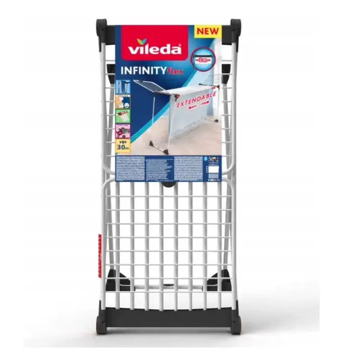Tørkestativ for klær XXL Vileda Infinity, sammenfoldet med emballasje og logo synlig foran.