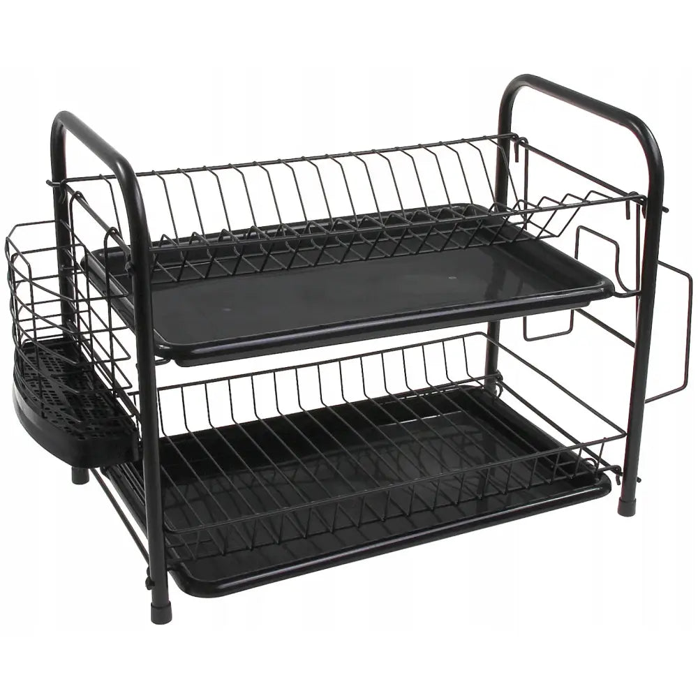 Tørkestativ for oppvask i svart metall med to hyller, sidehengt bestikkholder og glassholder, sett skrått forfra.