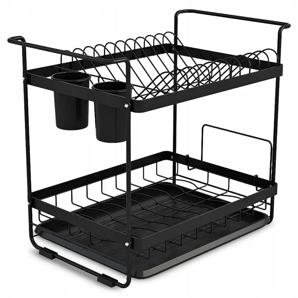 Tørkestativ for oppvask i svart metall, to etasjer med sideplasserte bestikkholdere, sett fra skrå vinkel.