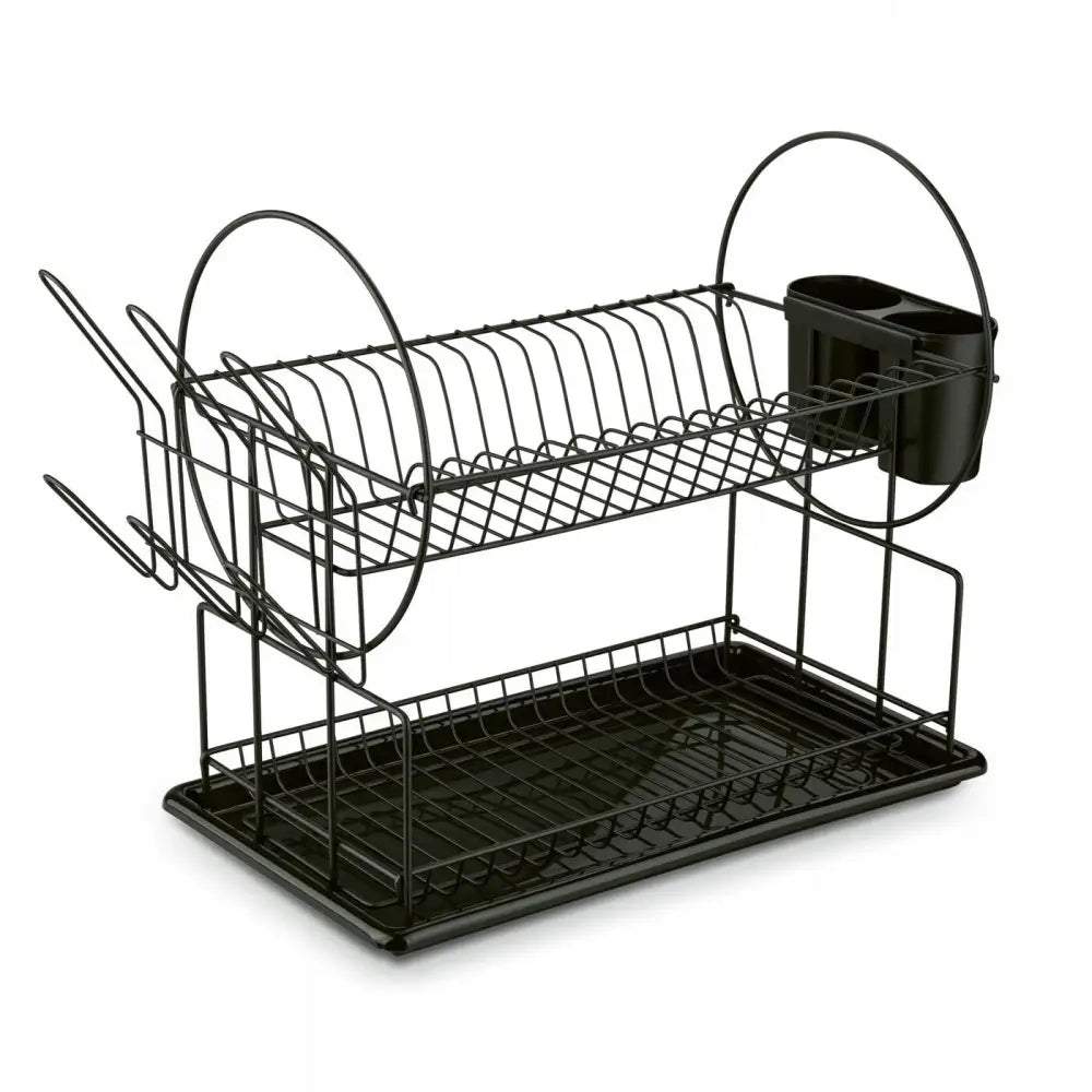 Tørkestativ og dryppebrett i sort metall med to etasjer, bestikkholder og avtakbar dryppbakke, skrå vinkel.