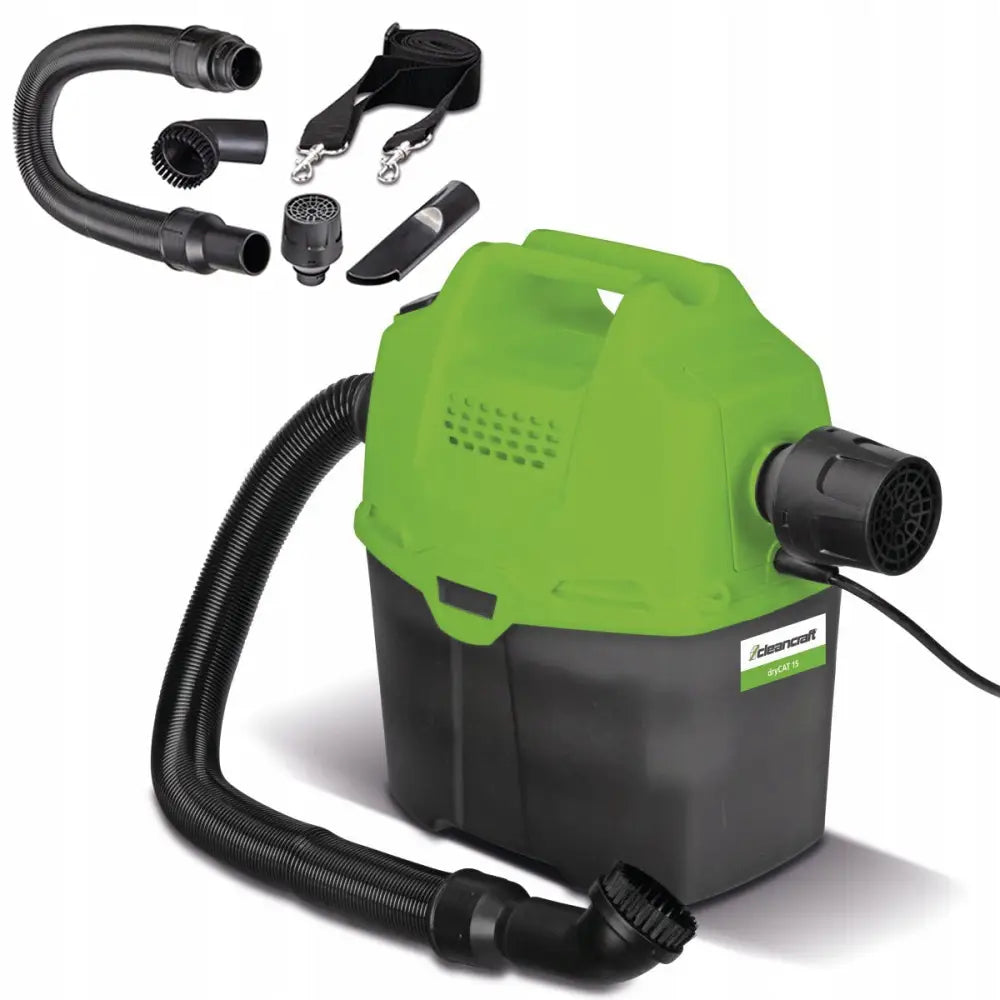 Tørrstøvsuger Drycat, kompakt modell i svart og grønt med slange, bærehåndtak, munnstykker og skulderrem.