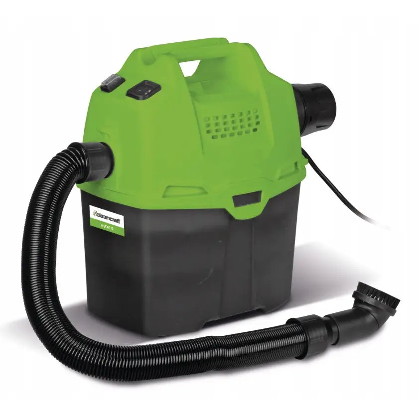 Tørrstøvsuger Drycat liten, kompakt modell med grønt lokk, sort beholder og synlig fleksibel slange med børste.