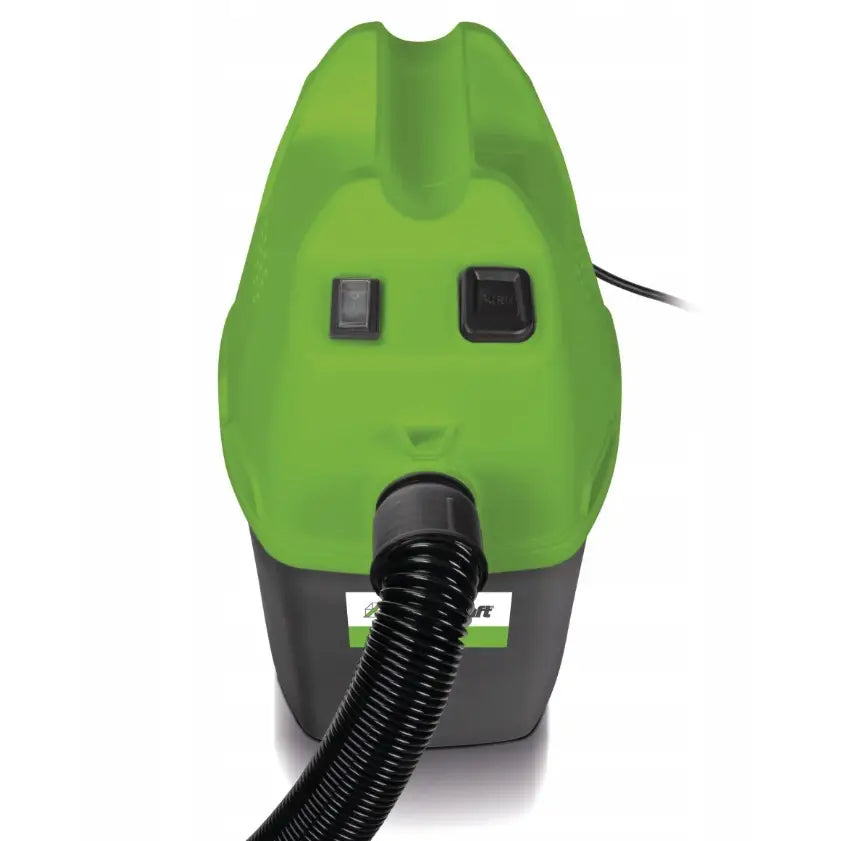 Tørrstøvsuger Drycat liten, sett ovenfra med grønt plastdeksel, synlige knapper og fleksibelt sort rør foran.