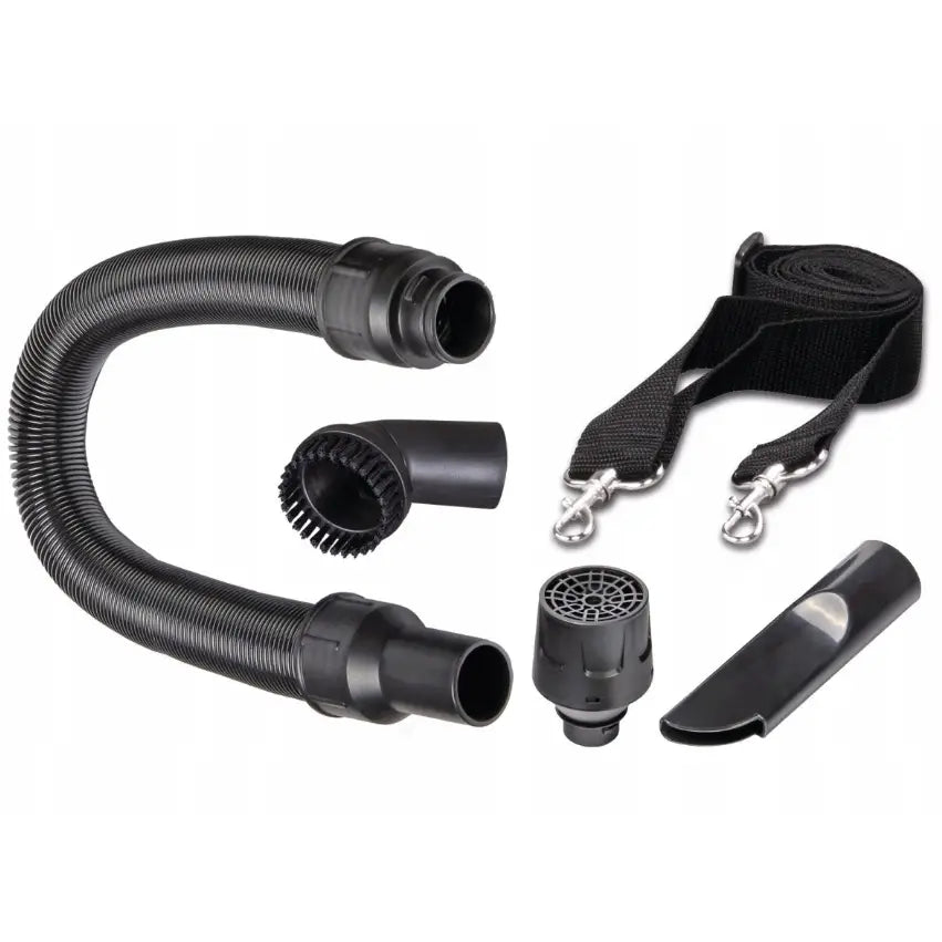Tilbehør til Tørrstøvsuger Drycat, fleksibel sort slange, ulike munnstykker, børste og skulderstropp med klips.