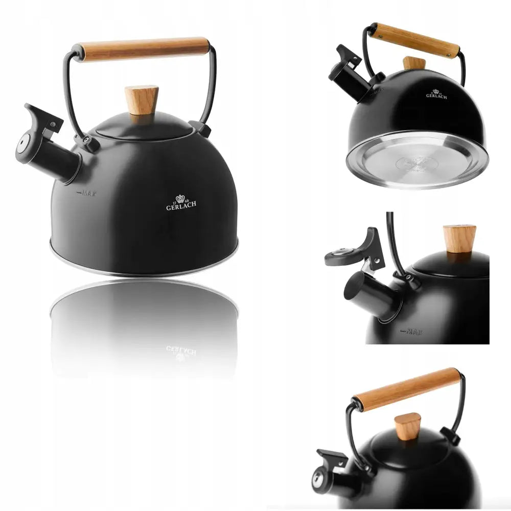 Tradisjonell svart stål vannkoker med trehåndtak og tretopp, nærbilde av lokk, tut og bunndetaljer.