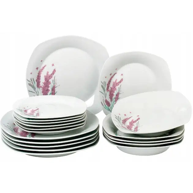 Tallerken sett i hvitt porselen med lilla blomster, stablede tallerkener i flere størrelser, frontvisning.