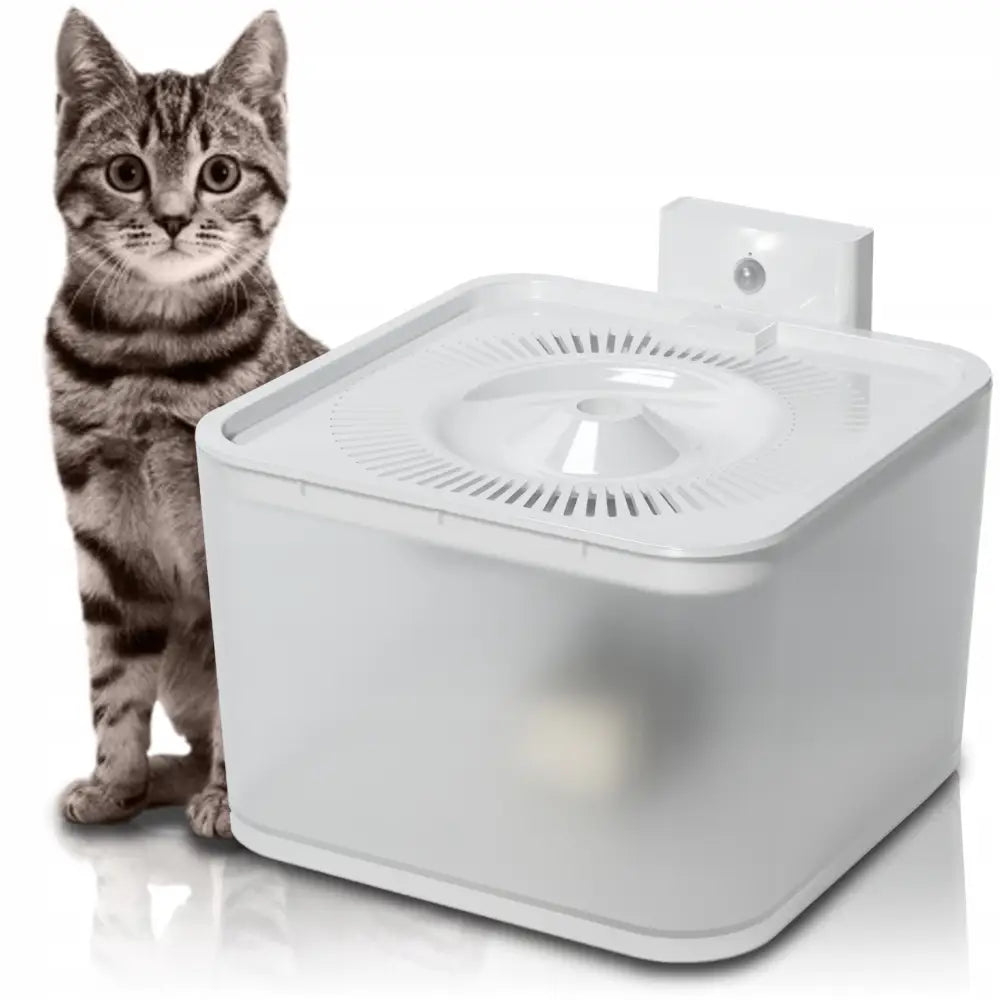 Trådløs 2,5L drikkefontene for katt, sidevisning med gråstripet katt som illustrerer fontenens størrelse og design.