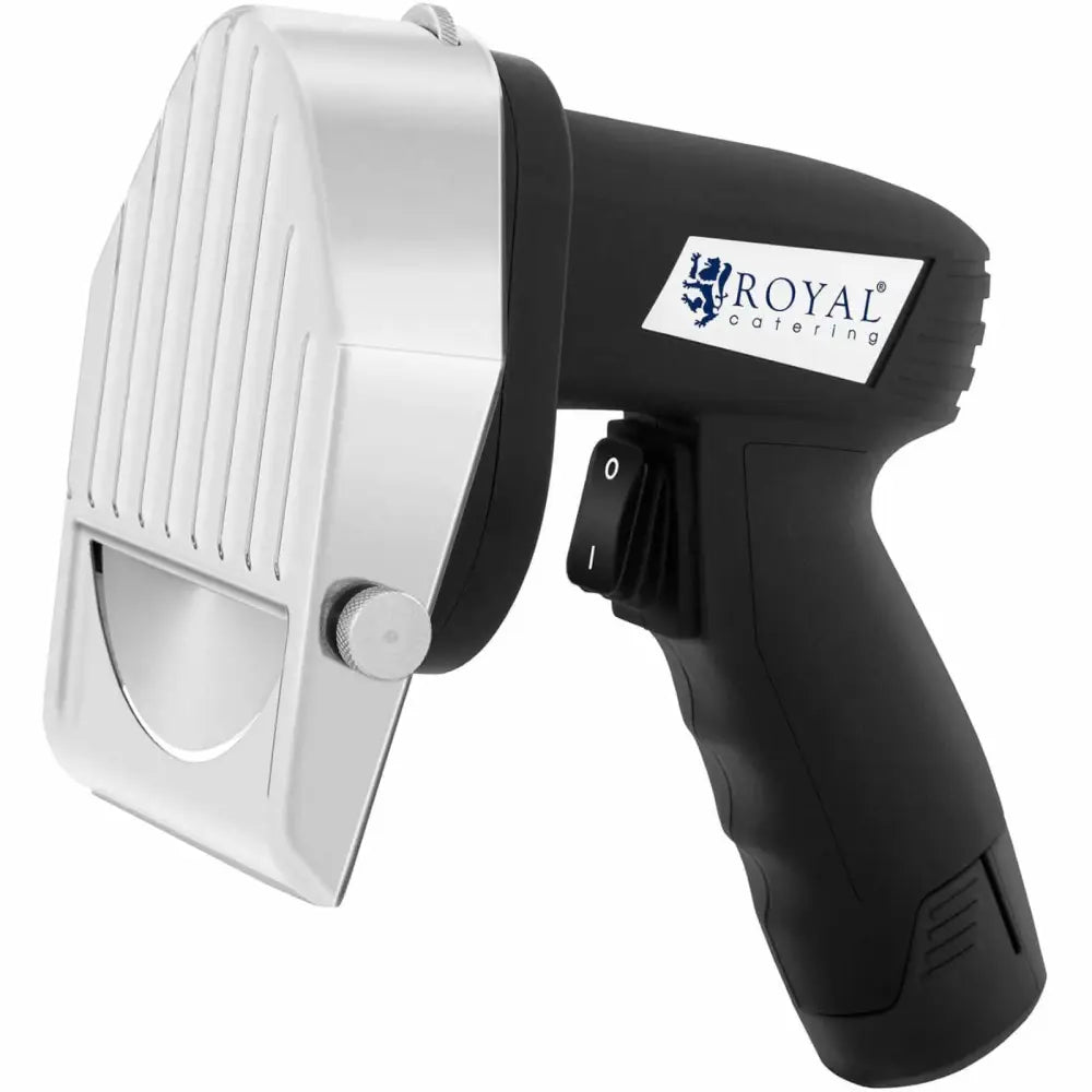 Trådløs elektrisk kebabskivekniv, sideprofil med synlig bryter, ribbet blad og ergonomisk håndtak.