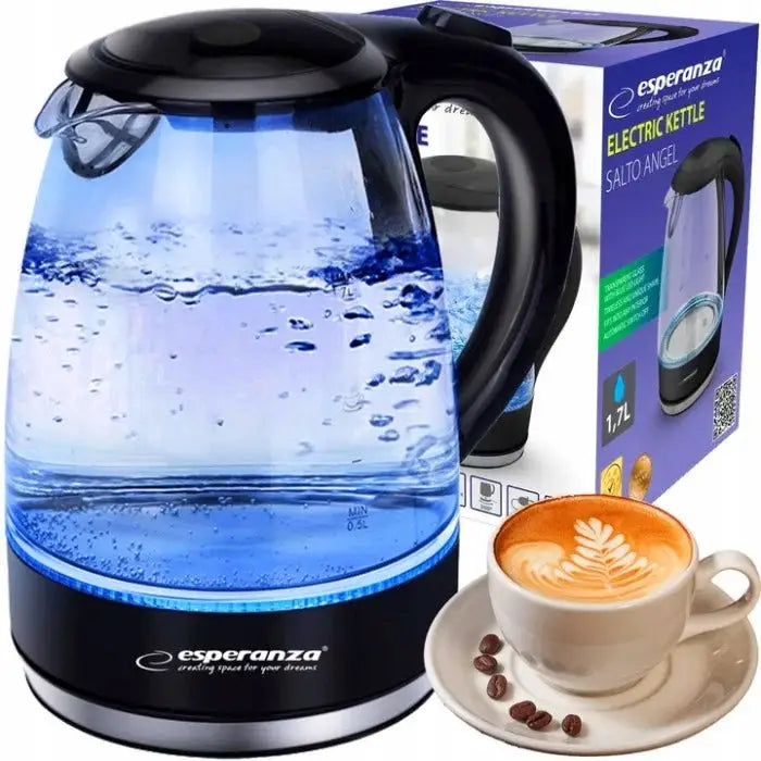 Trådløs elektrisk vannkoker i klart glass med svart håndtak, blått LED-lys og tilhørende eske og kaffekopp.