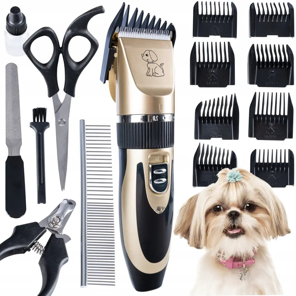 Trådløs klippemaskin for hunder og katter med tilbehør, komplett sett av gull og svart klipper, kammer og stellverktøy.