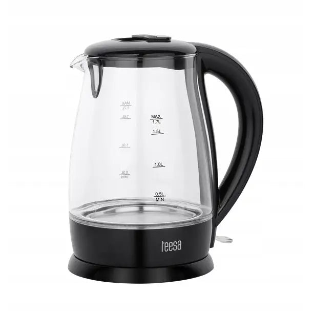 Trådløs svart glasskoker fra Teesa, sidevisning som fremhever nivåmåler og ergonomisk sort hank.