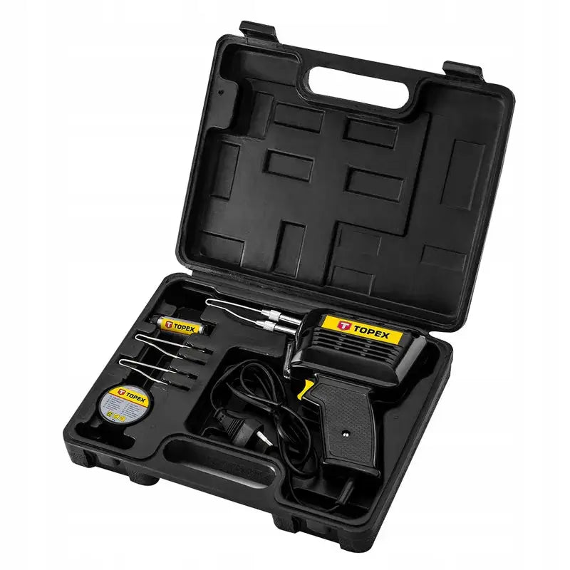 Transformatorloddebolt 150W i sort koffert med tilbehør og ledning, sett ovenfra med åpen skuminnredning.