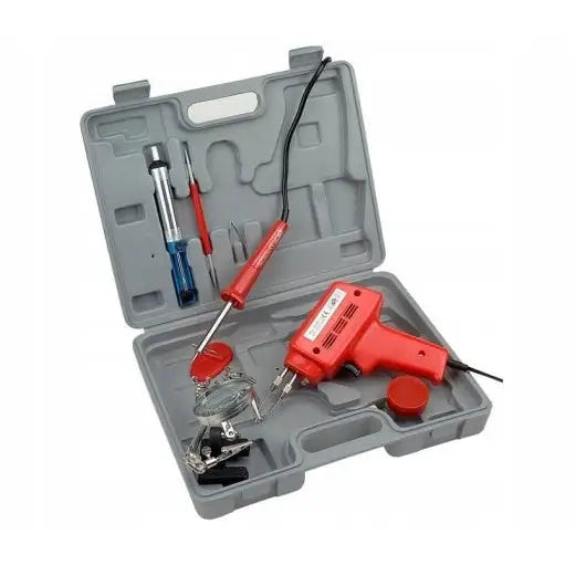 Transformatorloddebolt sett i grått etui, sett ovenfra med rød loddebolt, loddepistol, tinnsuger og tilbehør.
