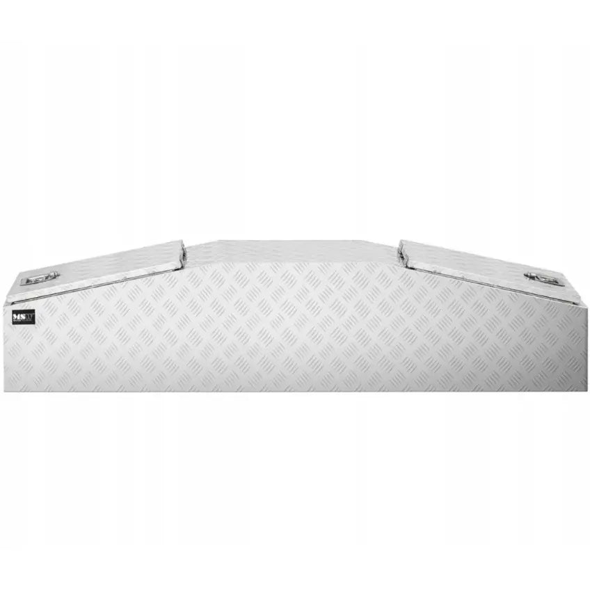 Transportabel verktøykasse i aluminium, frontbilde med to håndtakslokk og strukturert sølvfarget overflate.