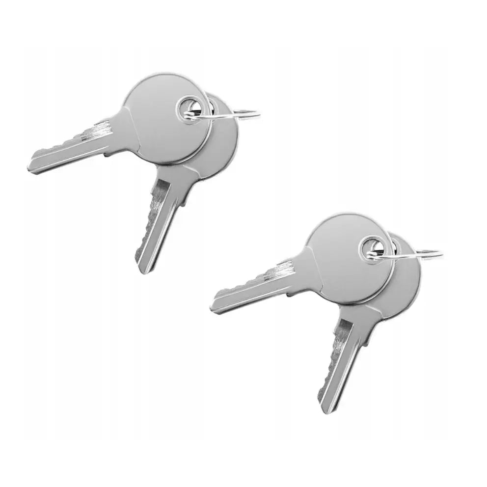 To sett sølvfargede nøkler i metall med nøkkelringer, tilpasset transportabel verktøykasse med lås.