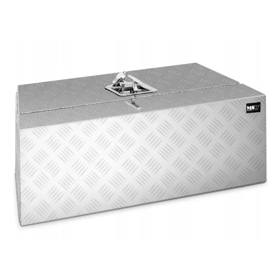 Transportabel verktøykasse i aluminium, rutemønstret lokk med lås og tydelig logo, sett skrått ovenfra.