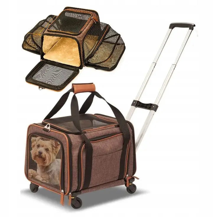 Transportbur for hund eller katt på hjul, sammenleggbart, med liten hund inni og utbrettet netting for god ventilasjon.