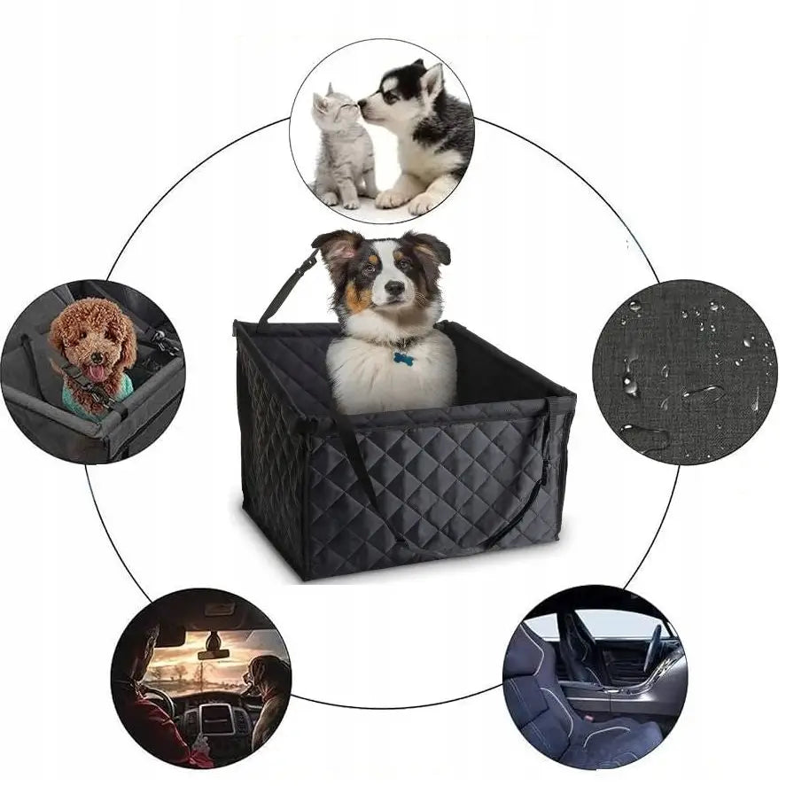 Transportbur for hund med ramme for bilsete, sort og vattert tekstil, hund inni og ikoner for bilbruk og vanntetthet.