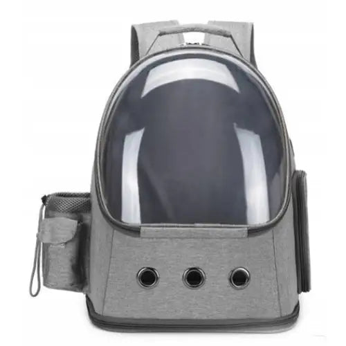 Transportbur for katt eller hund Kapsel Ryggsekk I202, grå med gjennomsiktig frontluke og praktiske sidelommer, frontvisning.