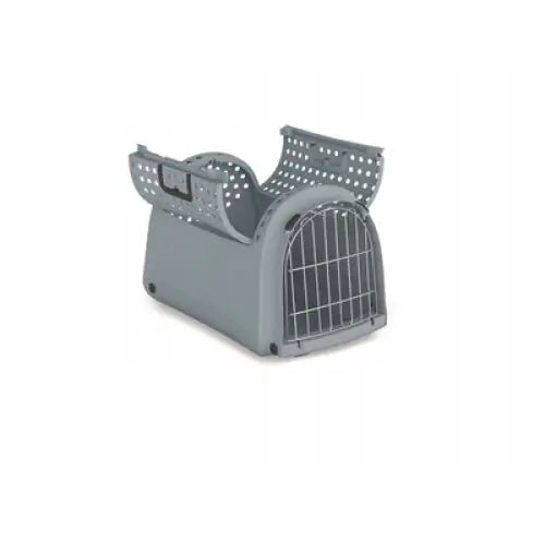Transportbur for katt Linus Cabrio, grå plast med åpnet lokk, ventilasjonshull og metallgitter sett fra skrå vinkel.