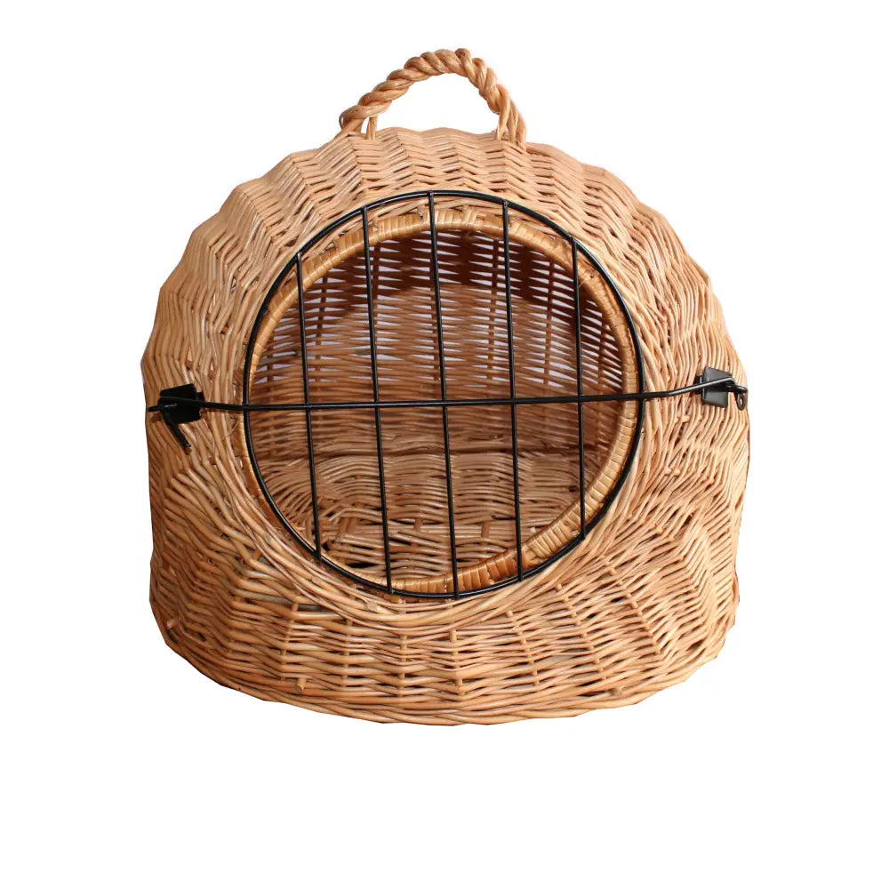 Transportbur i pil for hund og katt med avtagbar pute, sett rett forfra med sort gitter og bærehåndtak på toppen.