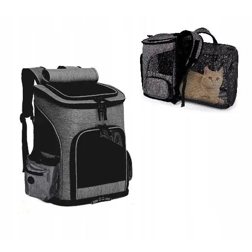 Transporter sammenleggbar ryggsekk og transportveske for kjæledyr, sidevisning med katt inni vesken.