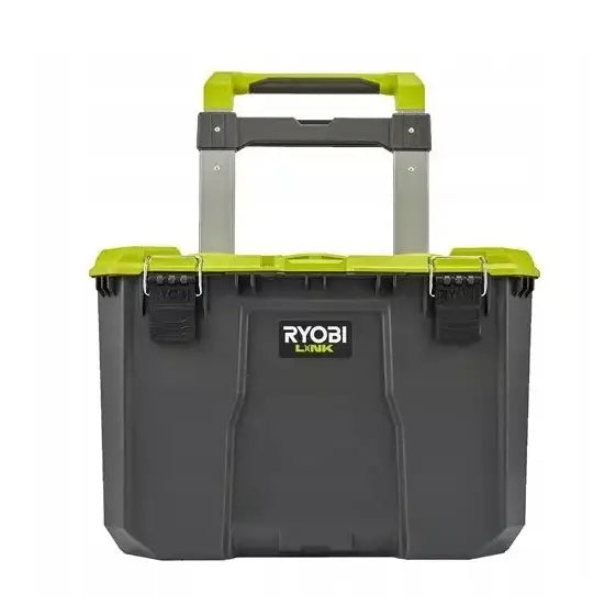 Transporttralle Ryobi, frontbilde som viser grønt lokk, uttrekkbart metallhåndtak og solide låser på sort kasse.
