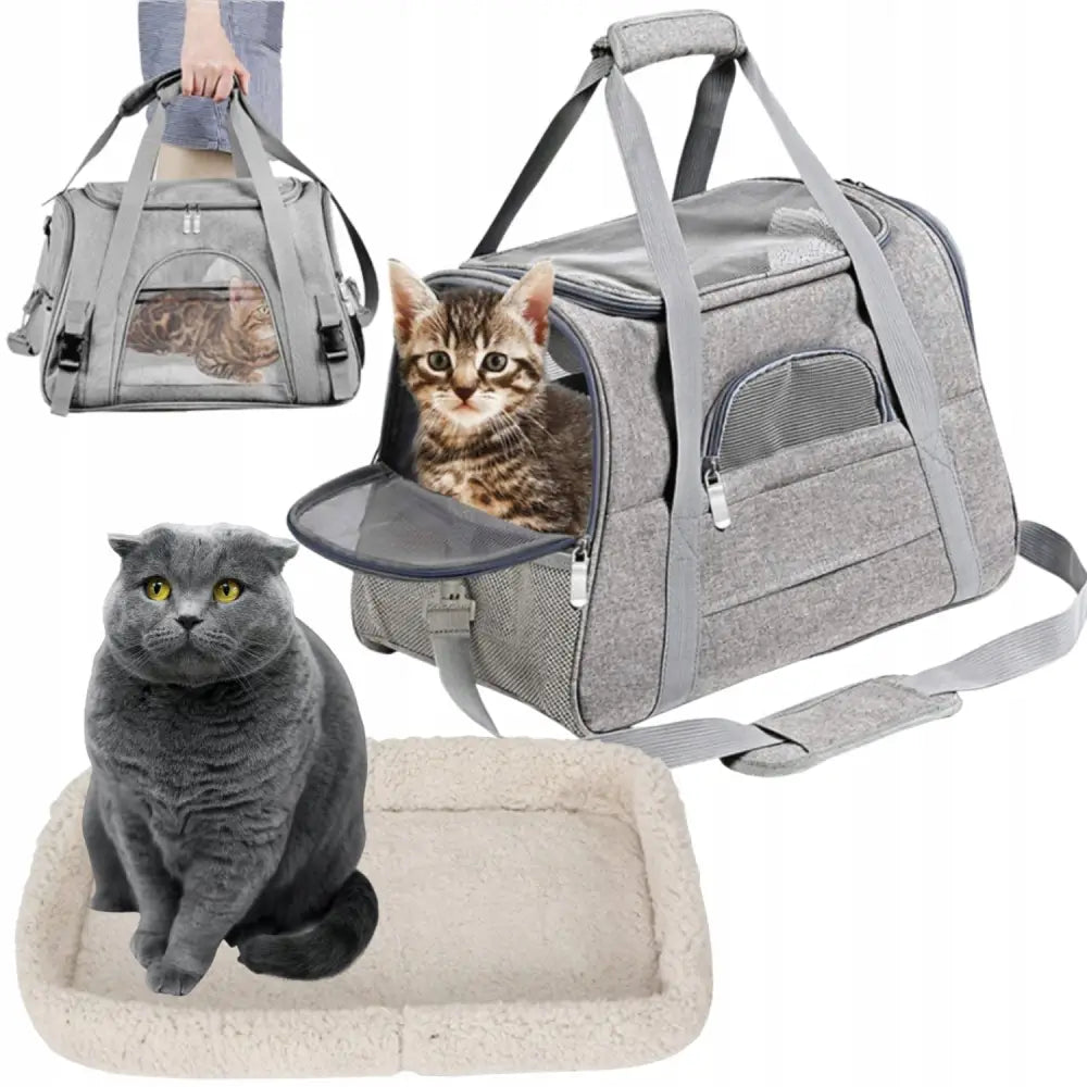 Transportveske Solid Koffert for hund og katt, grå med nettingvinduer, glidelåser og beige underlag, vist med katt og bæres av person.
