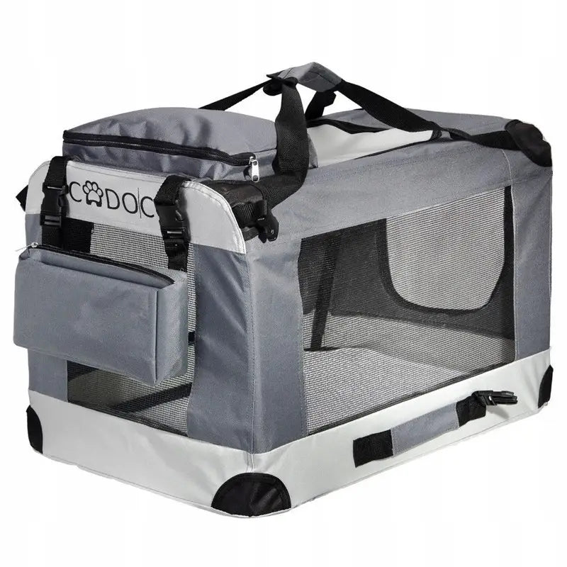 Transportveske Transportbur for Hund Katt L i grått og hvitt stoff, sett fra front/side med nettingvinduer og utvendig lomme.