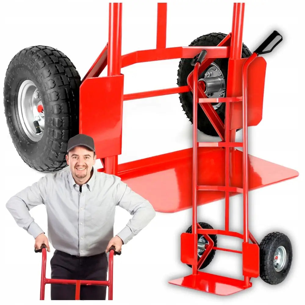 Transportvogn Lagervagn Mølle, rød tralle med stålhåndtak og gummihjul brukt av mann, sett forfra.