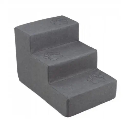 Trapper for Hund 3 Trinn, mørkegrå myk trapp med broderte poteavtrykk på hvert trinn, skrå vinkel.