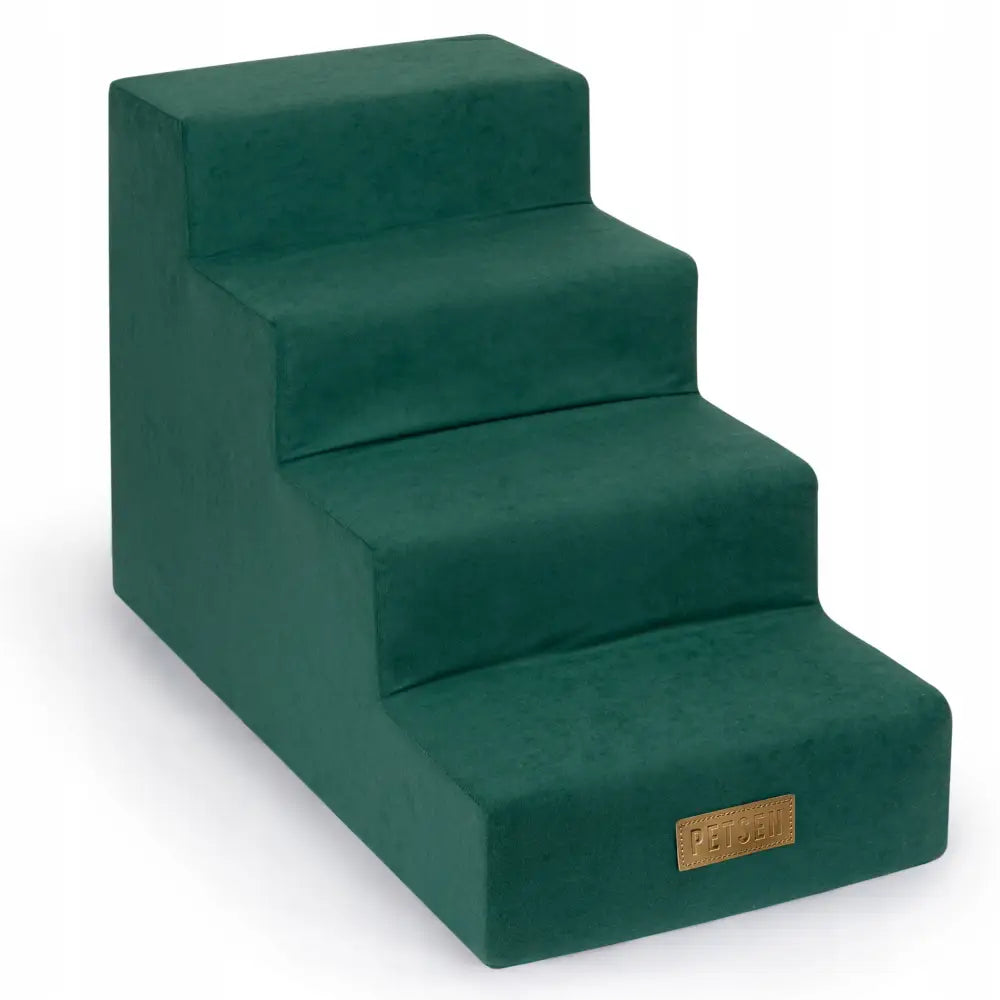 Trapper for Hund med 4 Trinn og Plattform i mørkegrønt stoff, sett forfra med synlig logo nederst.