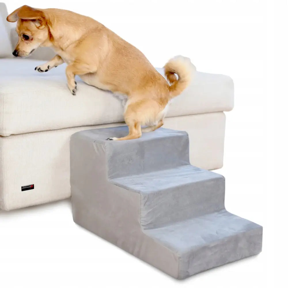 Trapper Trinn Rampe for Hund 40 cm, lys grå tretrinnstrapp i stoff brukt av liten hund for å nå sofa.