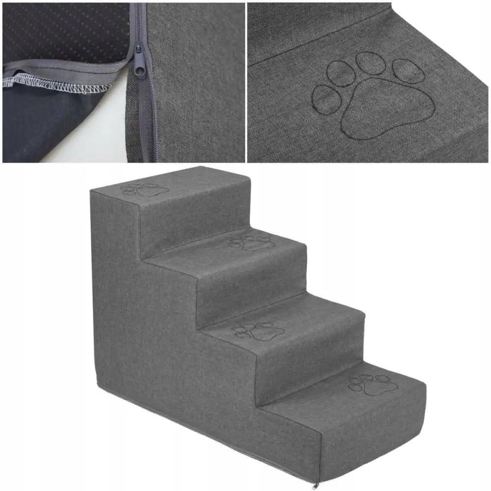 Trappetrinn for Hund Welsti 40 cm med fire polstrede grå trinn, broderte poteavtrykk og detaljert glidelåsvisning.