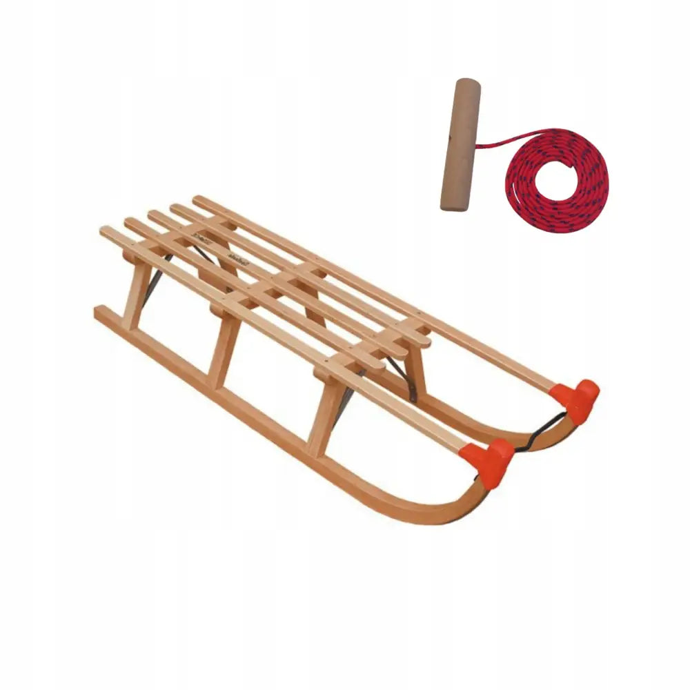 Trebob Åke 110 cm med fire ribber, oransje meibeskyttelse og rød snor med trekantet håndtak.