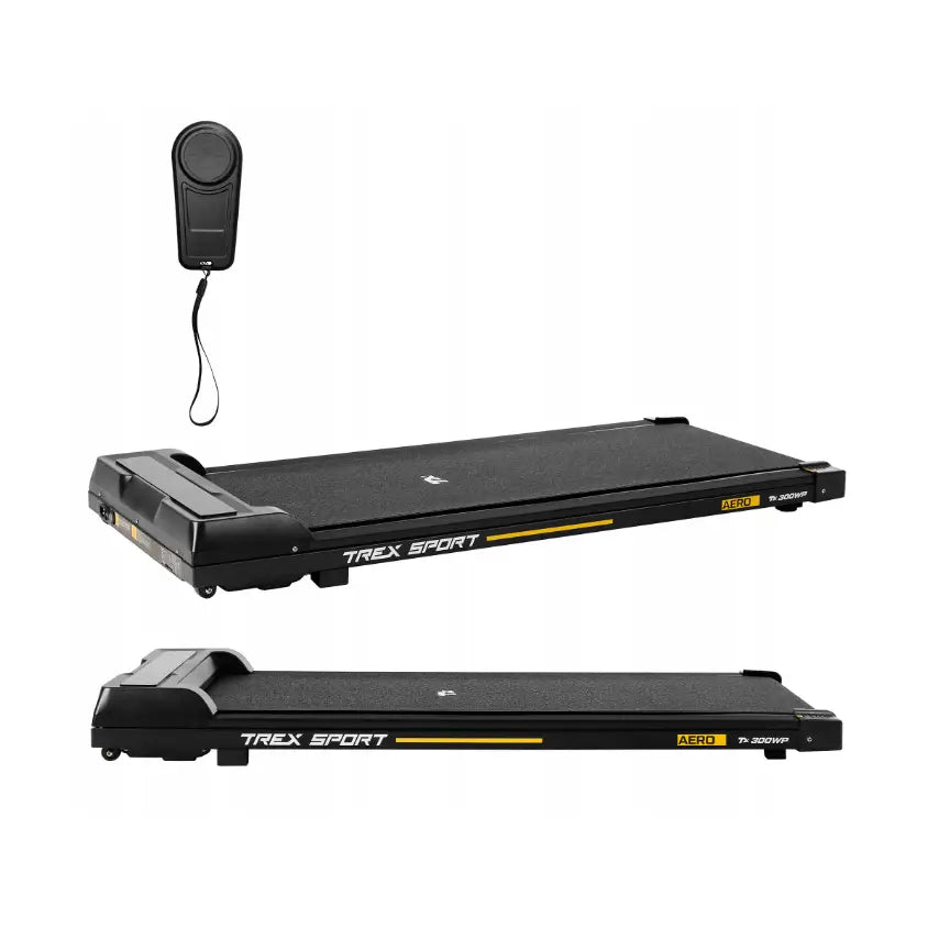 Tredemølle for hjemmetrening, sort og lav modell med gule detaljer, sett fra siden og med fjernkontroll.