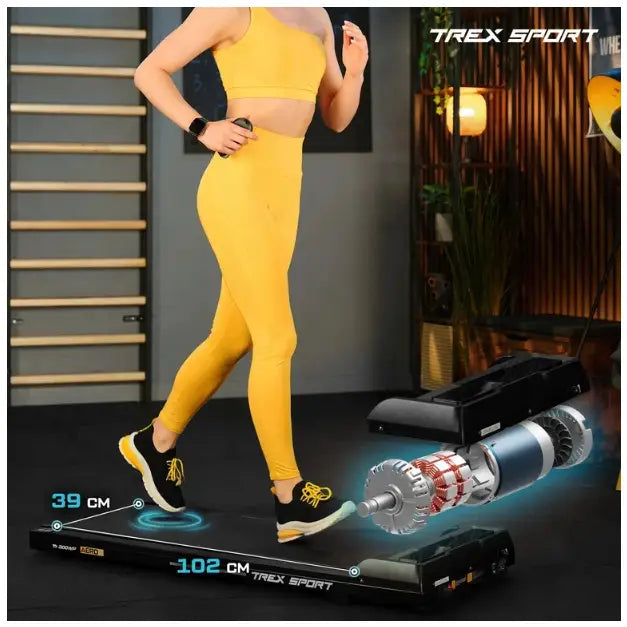 Tredemølle for hjemmetrening AERO Trex Sport, sett fra siden med fokus på kompakt design og motorillustrasjon.